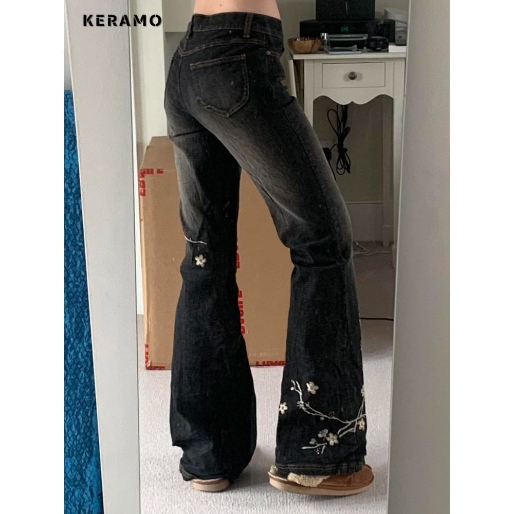 Weekeep Floral Embroidery Jeans Vintage 2000s Low Rise Flared Jeans Women Retro y2k Baggy Denim