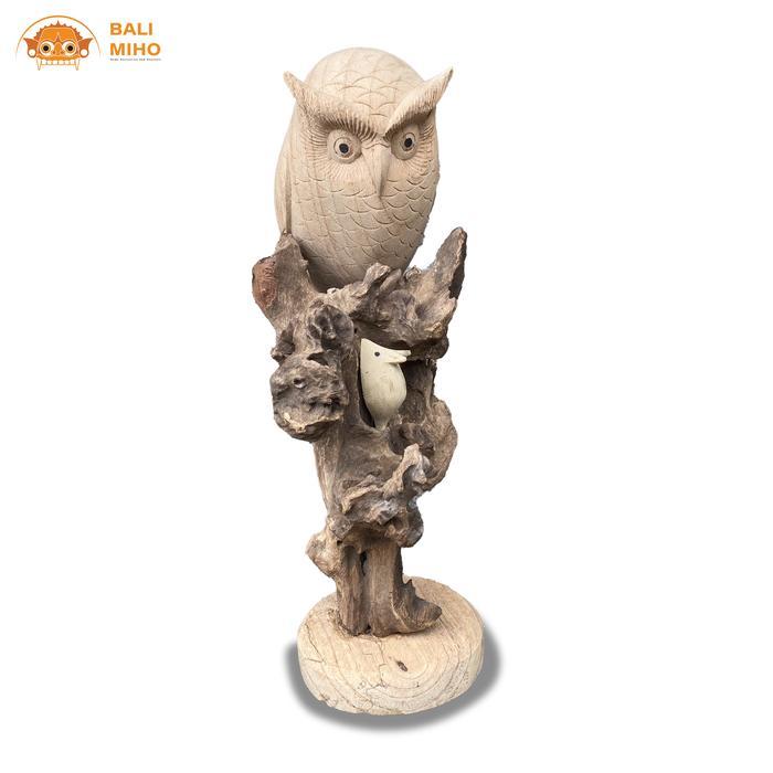Patung Burung Hantu Bertengger Kayu - Patung Owl - Dekorasi Burung
