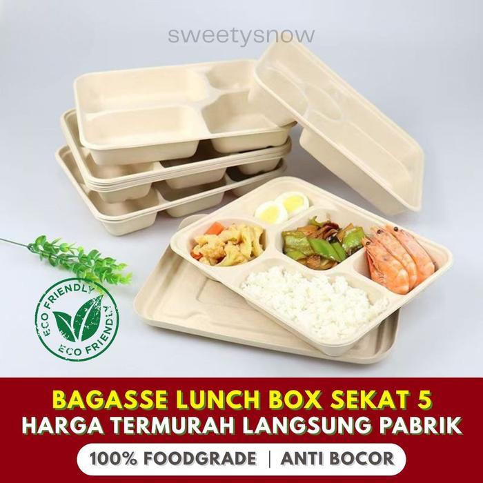 BAGASSE LUNCH BOX SEKAT 5 / BAGASSE 1400ml 5 SEKAT / lunch box eco friendly / wadah makanan sekali