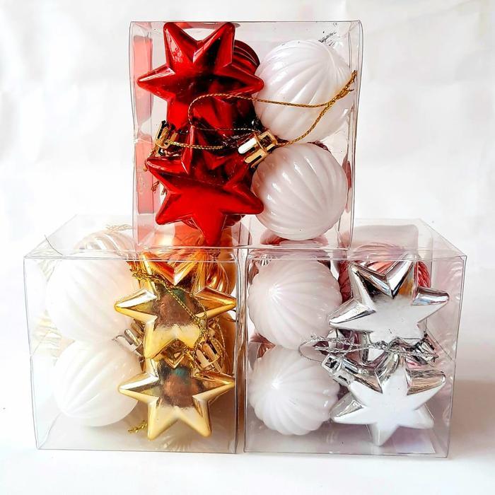 Bola Natal Mix Isi 10 Hiasan Bintang Hati Bola Natal Merah Putih Murah