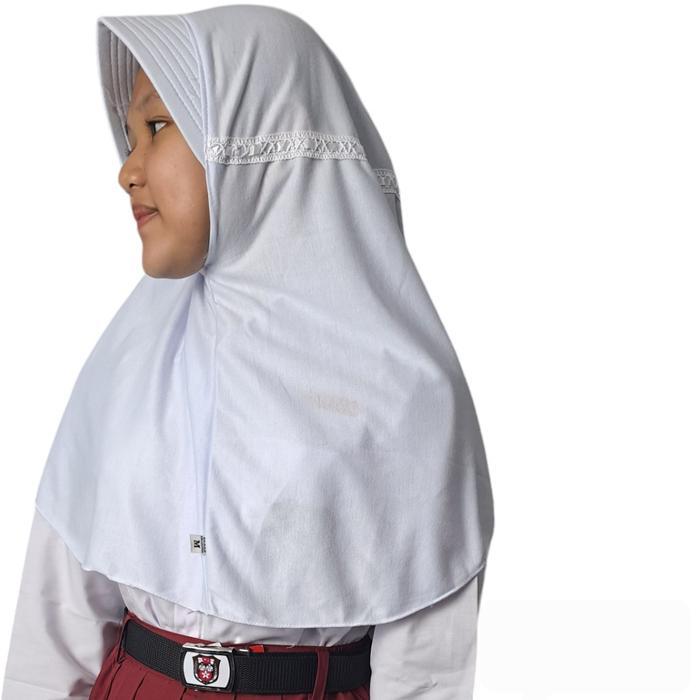 Kerudung Putih Coklat Sekolah SD Jilbab Anak Perempuan Bergo Instan Renda *