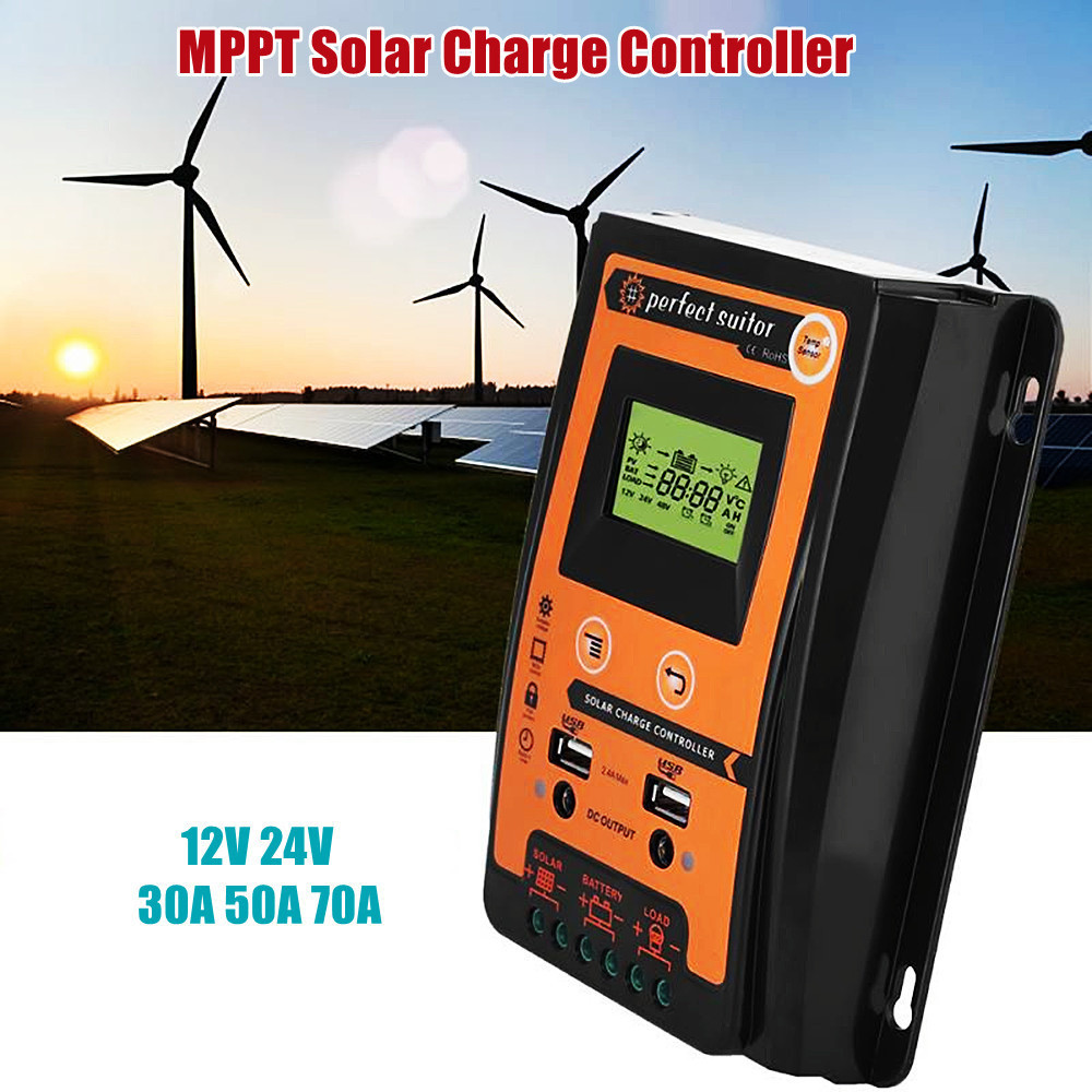 MPPT Solar Charge Controller 12V 24V 30A 50A 70A Dual USB 5V LCD Display Solar Panel Battery