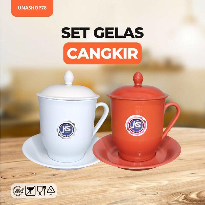 SET GELAS CANGKIR PLASTIK Elegan Fungsional Merah & Putih Dengan Lepek & Tutup untuk Minuman Panas