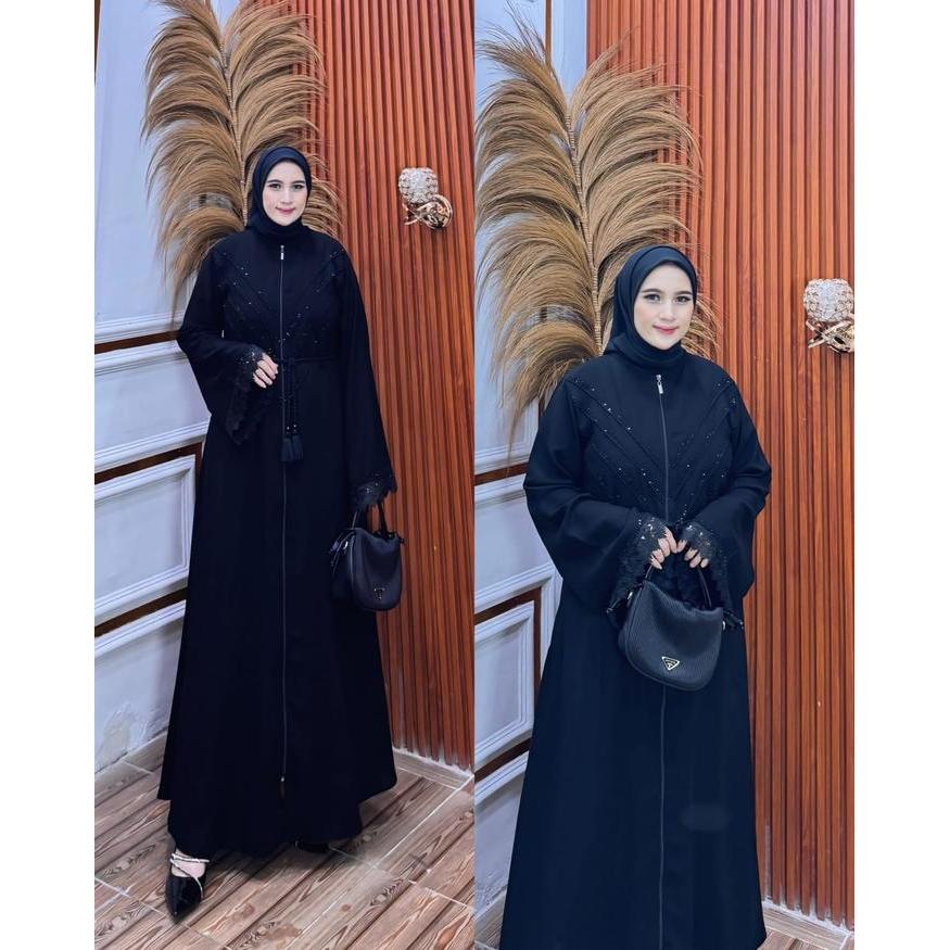 Abaya Premium Gamis Hitam Jet Black Tangan Renda Free Belt Bisa Outer 216 Abaya Elegan Dengan Payet