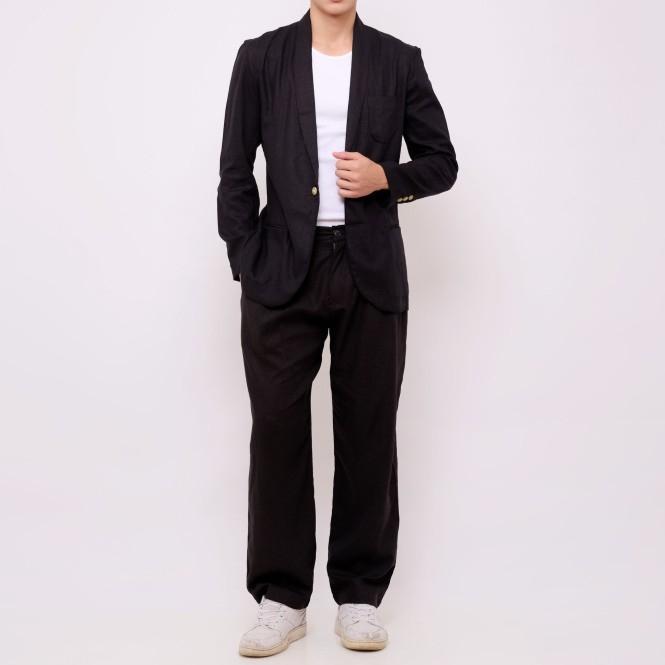 REMEDY Outer Linen Set Pria Panjang Warna Hitam - Midnight Blazer Set