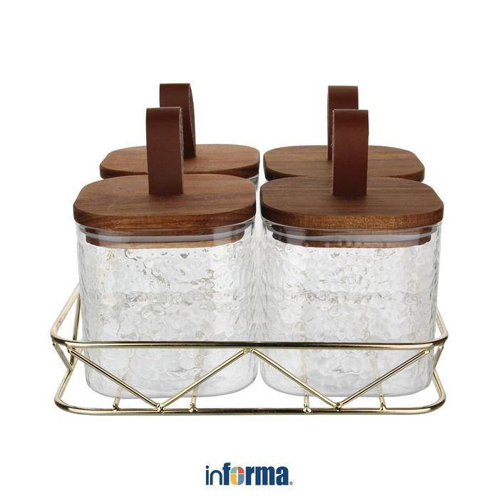 Informa Set 4 Pcs Hilton Stoples Kaca Dengan Rak Wadah Bumbu Dapur Tempat Gula Kopi Toples Bumbu