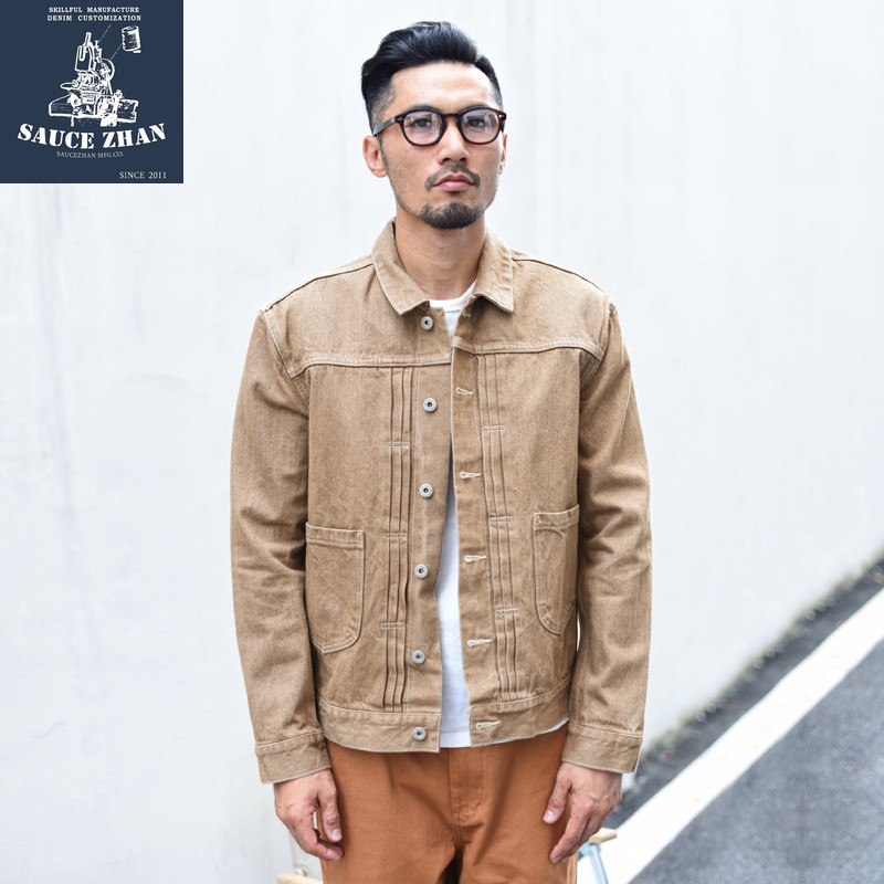 . Saucezhan Vulcanization Denim Jacket Khaki Jeans Jacket Selvedge -