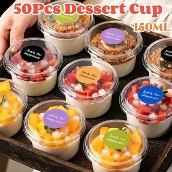 Ready 50Pcs Puding Jelly Cup + Tutup Gelas Cangkir Cup Dessert Box Mini 150Ml Kotak Dessert Box Dus