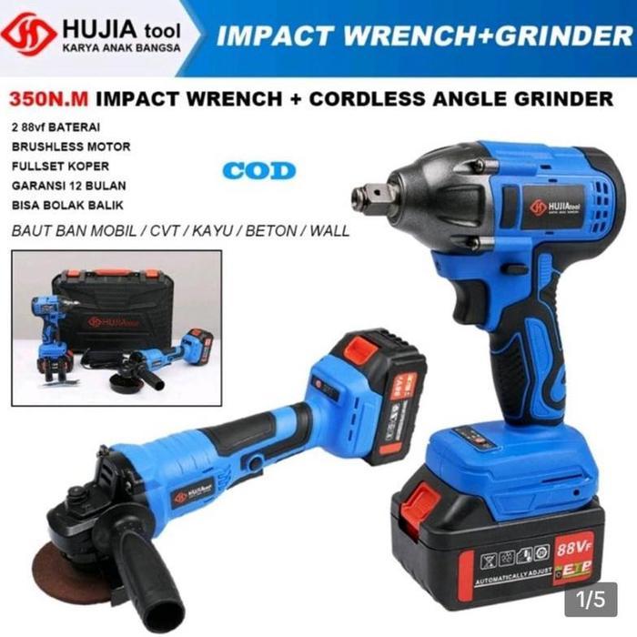 PAKET COMBO TOOLS IMPACT WRENCH JLD 350NM + GERINDA BATERAI 88V M-10 - PAKET HUJIA