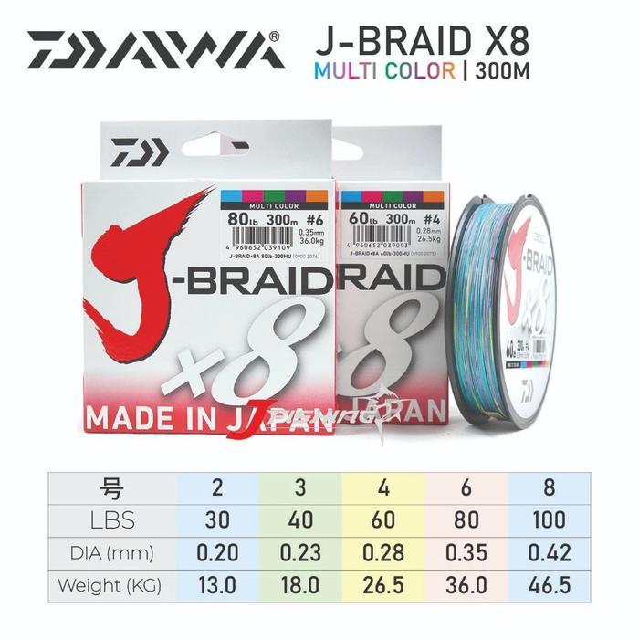 SENAR PE DAIWA J-BRAID X8 300M 20 S/D 100 LBS MULTI COLOR SENAR PE