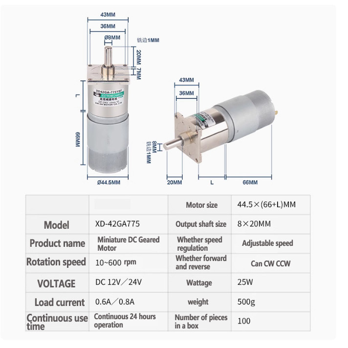 775 Dc Gear Motor 12V 24V 25W Large Torque 42Ga775 Speed Adjustable Cw Ccw Dc Motor