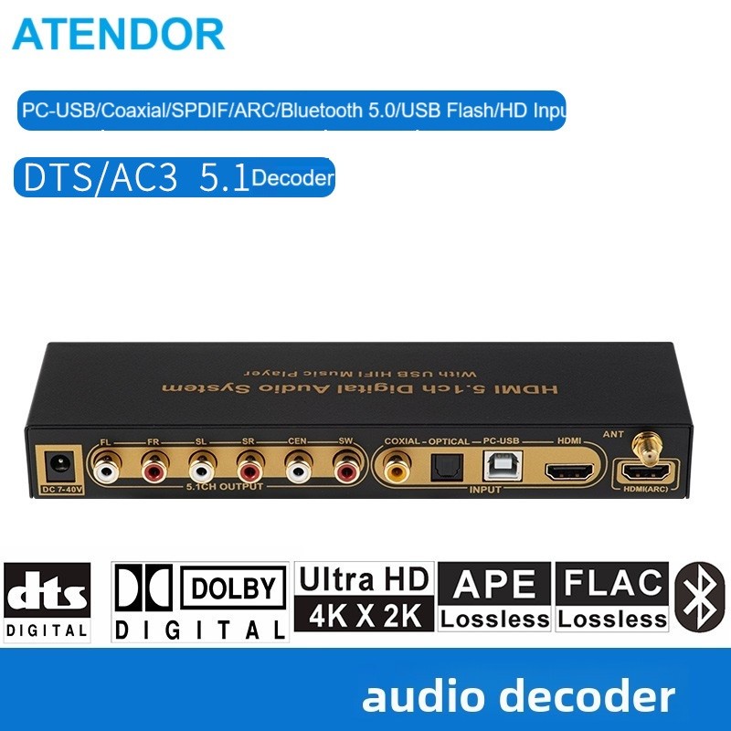 5.1CH Audio Decoder Bluetooth 5.0 4K60Hz ARC Input Converter PC-USB DAC DTS AC3 5.1 Digital Audio