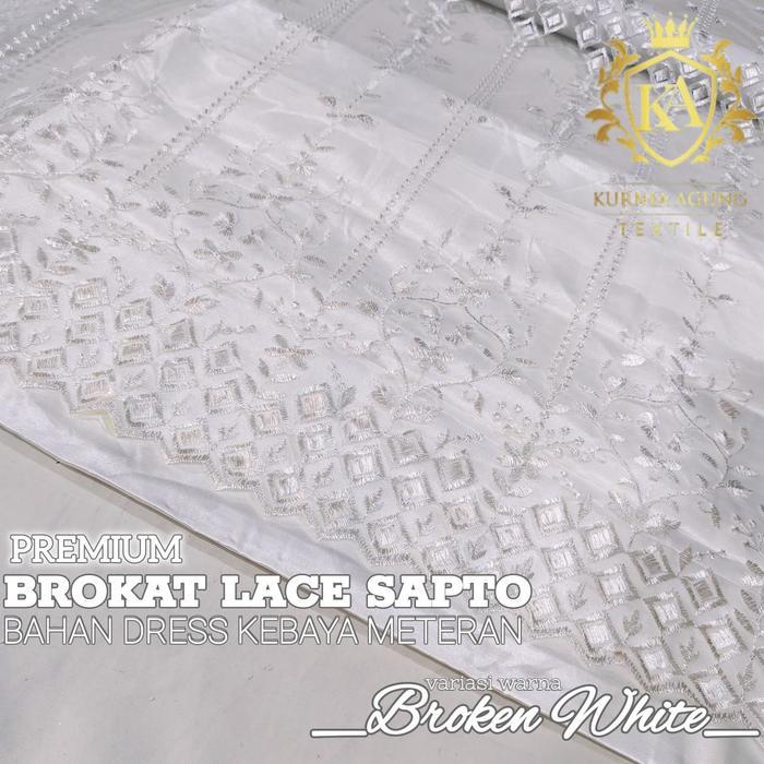 PROMO MURAH  KAIN BROKAT BORDIR + SATIN WARNA BROKEN WHITE PREMIUM BAHAN DRESS KEBAYA METERAN