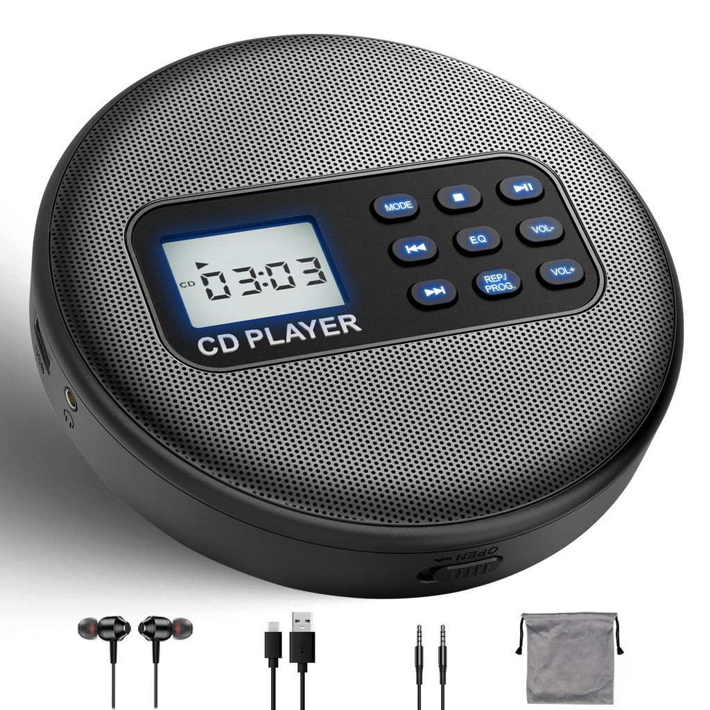 Portable cd player with speakers, rechargeable discman with bluetooth, cd walkman with headphones