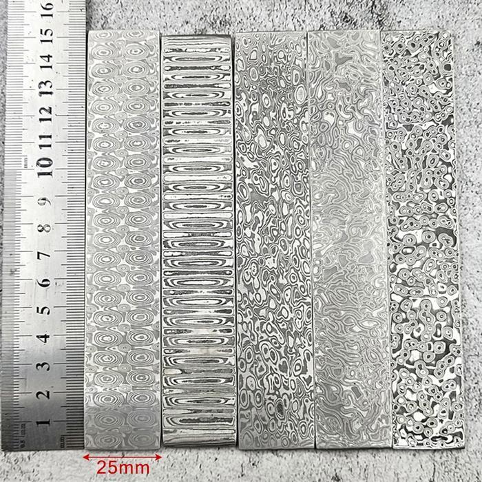Billet Plat Baja Damascus Steel 15x2.5cm Bahan Pisau Pola Mawar/Titik Premium