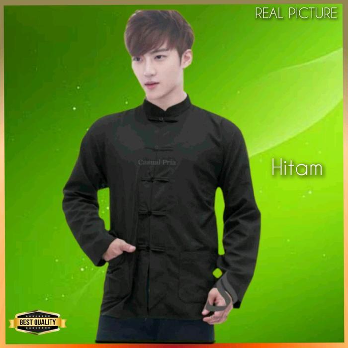 Baju Cheongsam Pria Kemeja Imlek Lengan Panjang Hitam