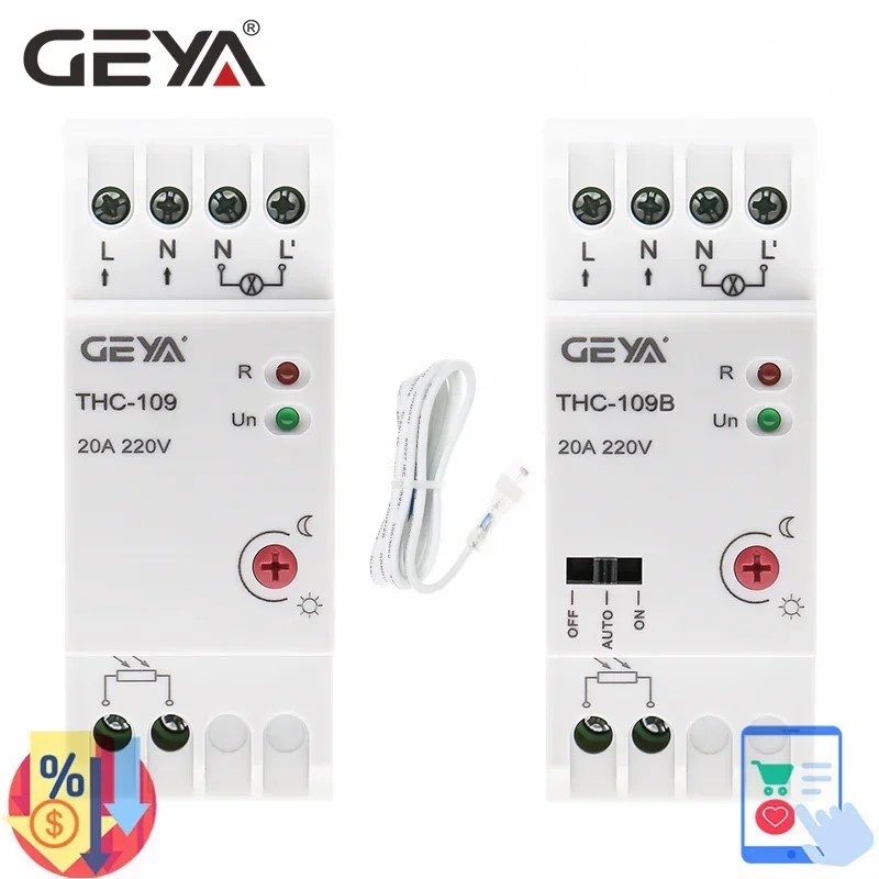 GEYA THC-109B Photocell Light Controller Switch with Sensor 16A 25A AC220V Din Rail Lamp Control