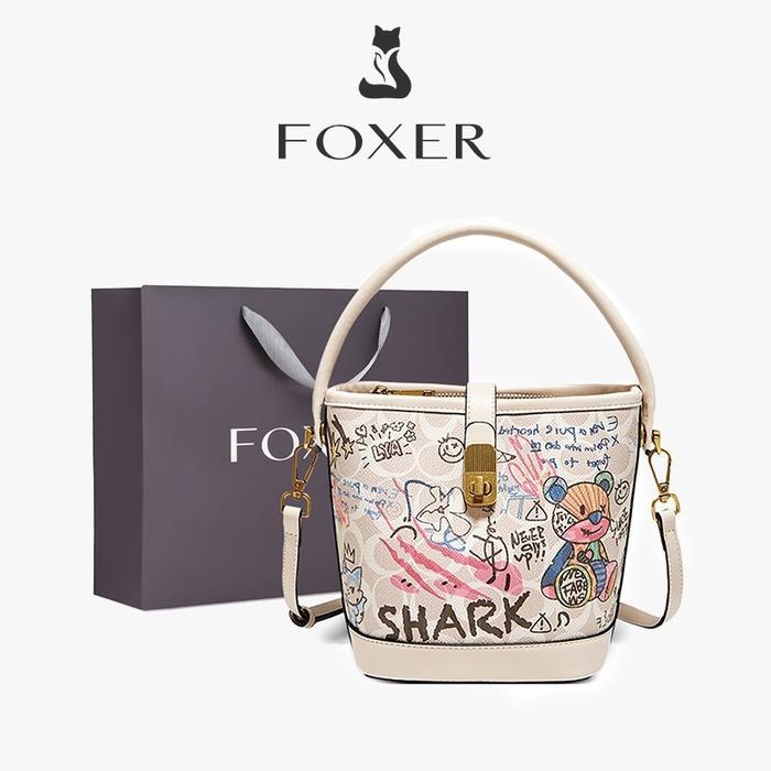 FOXER Tas Bahu Wanita Tas Bucket Grafiti Tas Tangan Fashion Tas Wanita Bermotif Tas kulit Hitam *