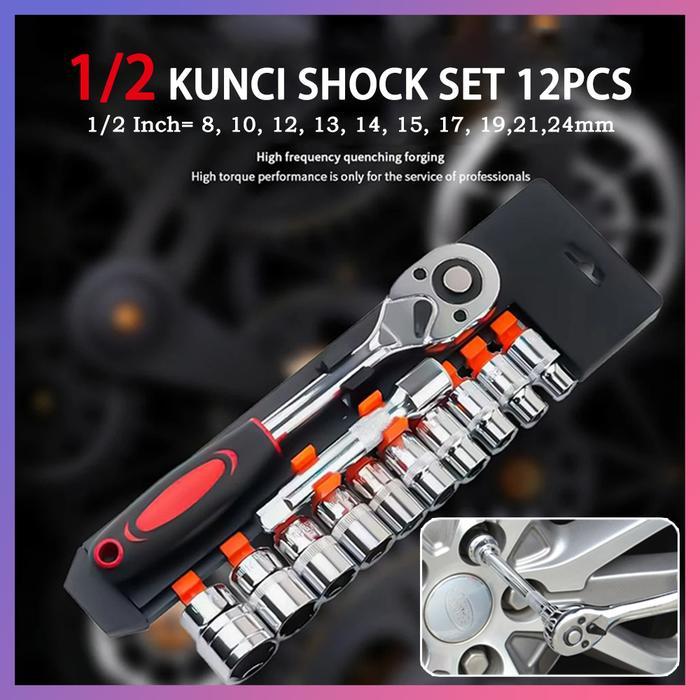 Kunci Set Socket 1/2Inci / 12Pcs Kunci Socket Motor Lengkap / Multifungsi Kunci 1 Set / Bahan Chrome