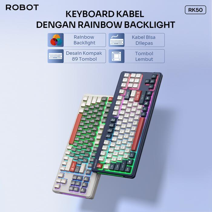 ROBOT RK50 KEYBOARD WIRED COMPUTER DENGAN LAMPU RAINBOW KABEL DILEPAS DESAIN ERGONOMIS 89 TOMBOL