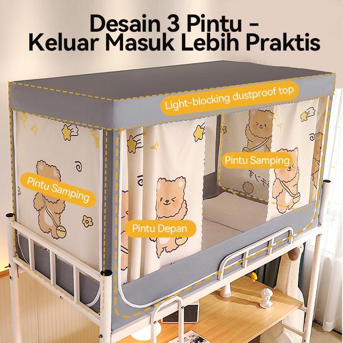 Kelambu Asrama 3 Pintu + Tirai Ranjang Resleting Bahan Stainless Steel Anti Nyamuk Jaga Privasi
