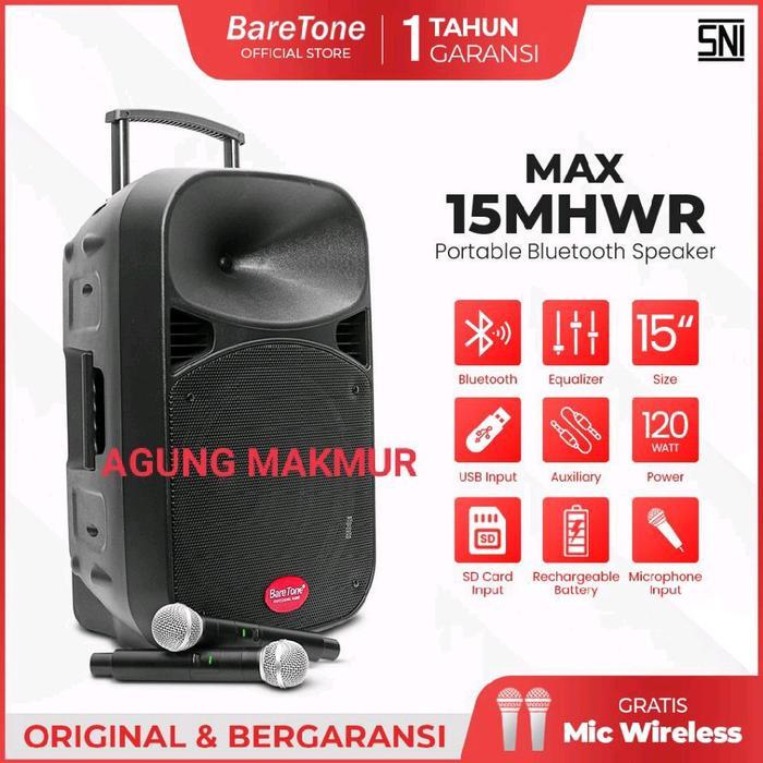 Speaker Portable Baretone Max15mhwr 15 inci Plus Mic Original - Speaker Trolley  Baretone MAX15MHWR 