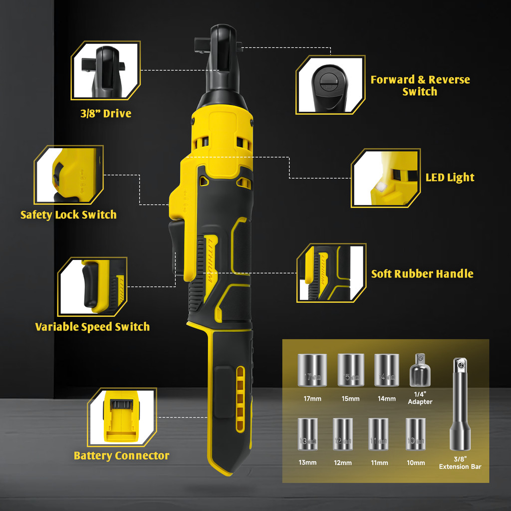 . 3/8'' Cordless Ratchet Wrench 50N.M Variable Speed Electric Ratchet Tools With 7 Sockets & 1/4 -