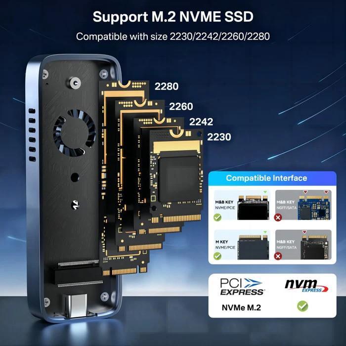ACASIS 10Gbps M.2 NVME SSD Enclosure Case Built-in Cooling Fan Type-C M2 PCIE NVME SSD box For 2230