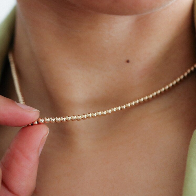 Real 14K Gold Filled Round Bead Necklace Dainty Bead Choker Handmade Pendants Tarnish Resistant
