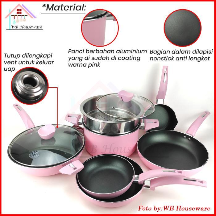 Panci set supra 9pcs cookware set renatta moelek / wajan penggorengan anti lengket chef renata pink