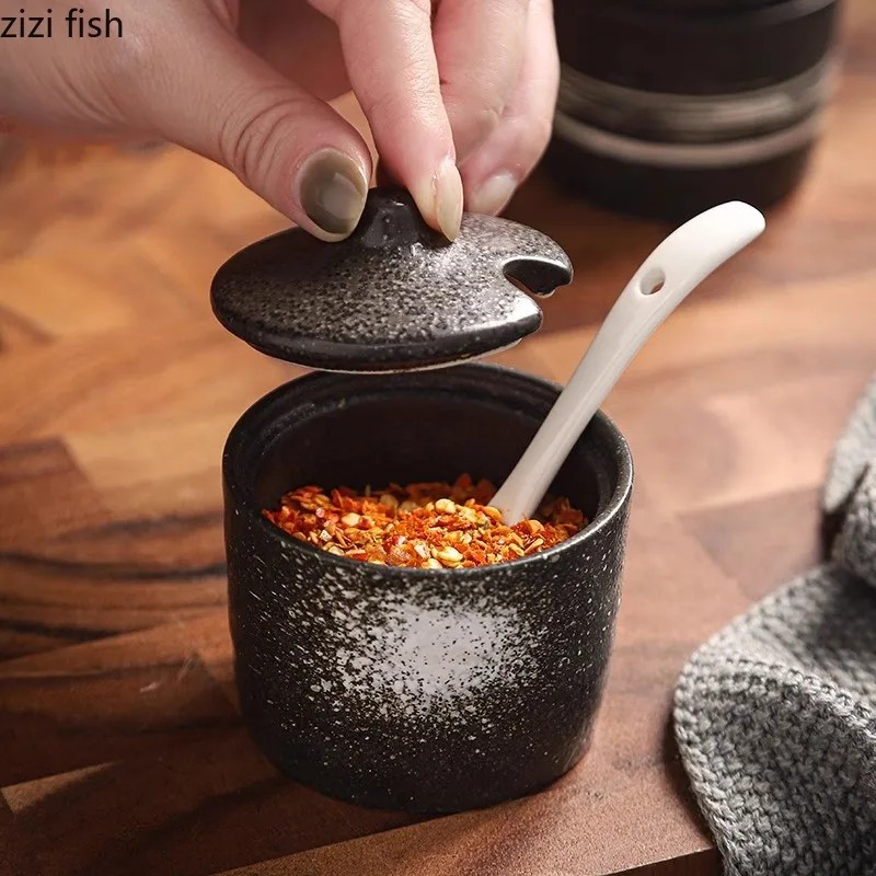 Japanese Ceramic Seasoning Jar Spice Jar Chili Jar Salt Jars with Lid Spoon Spice Container