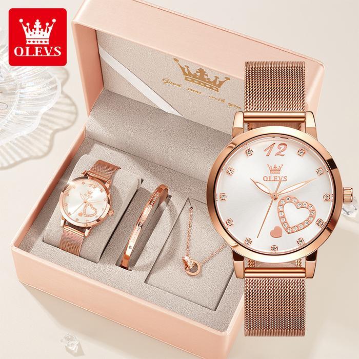 OLEVS Jam Tangan Wanita Anti Air Original Set Terbaru 2026 Kecil Elegan Analog Fashion Rose Gold