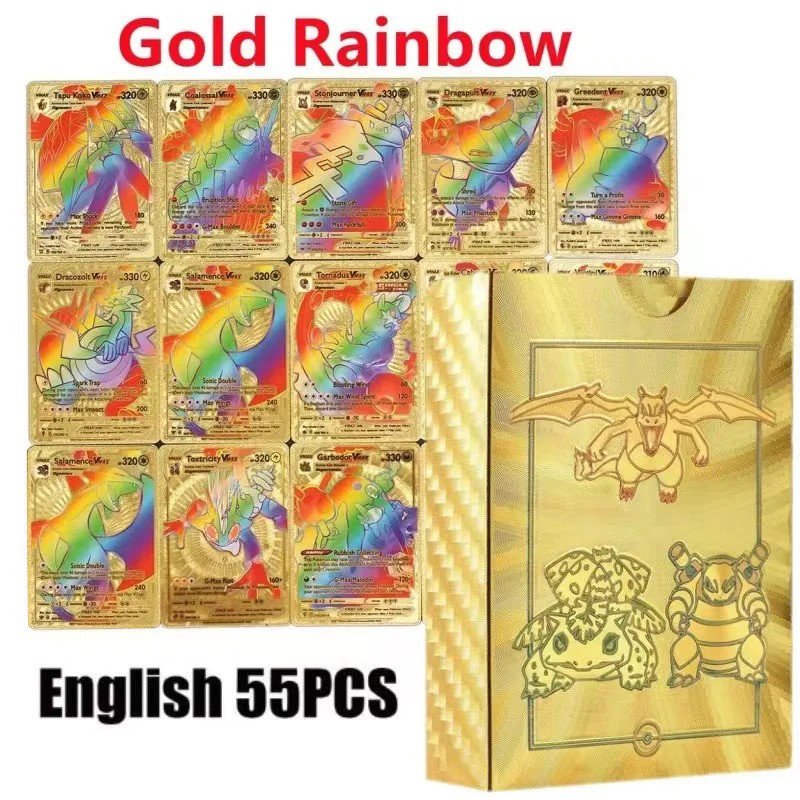 Anime Pokemon Cards 55Pcs Charizard Pikachu Gold Colorful English Black Rainbow Rare Battle
