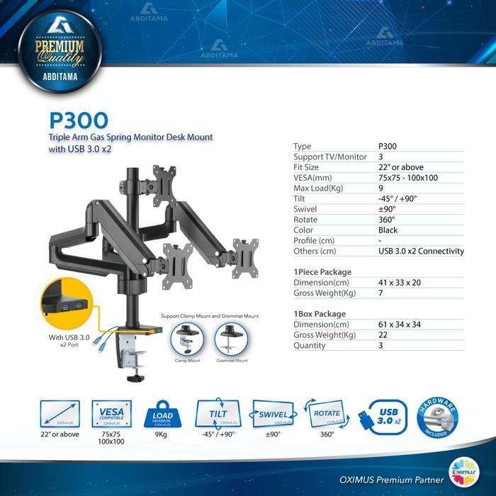` BRACKET MONITOR Laptop GAS SPRING OXIMUS P300 TILT SWIVEL ROTATE USB 3.0 x2