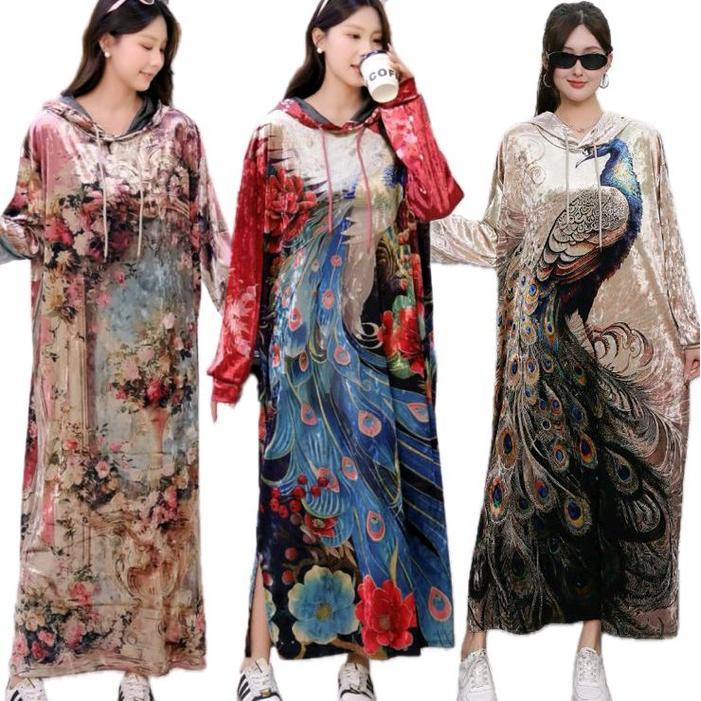DresQuu- Hoodie Long Dress Velvet Bludru Lengan Panjang Motif Jumbo Wanita