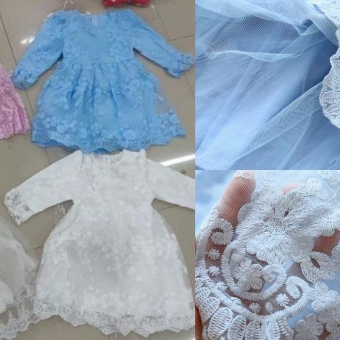 Gaun brokat anak import putih biru pink brukat rok pesta renda bunga polos lengan panjang baju