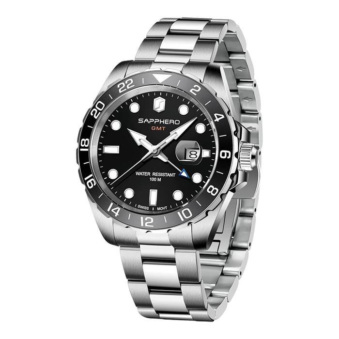 Jam Tangan Pria Sapphero SO-2106-3BLKBLK GMT Black Dial Stainless Steel Strap Quartz Watch 10 ATM