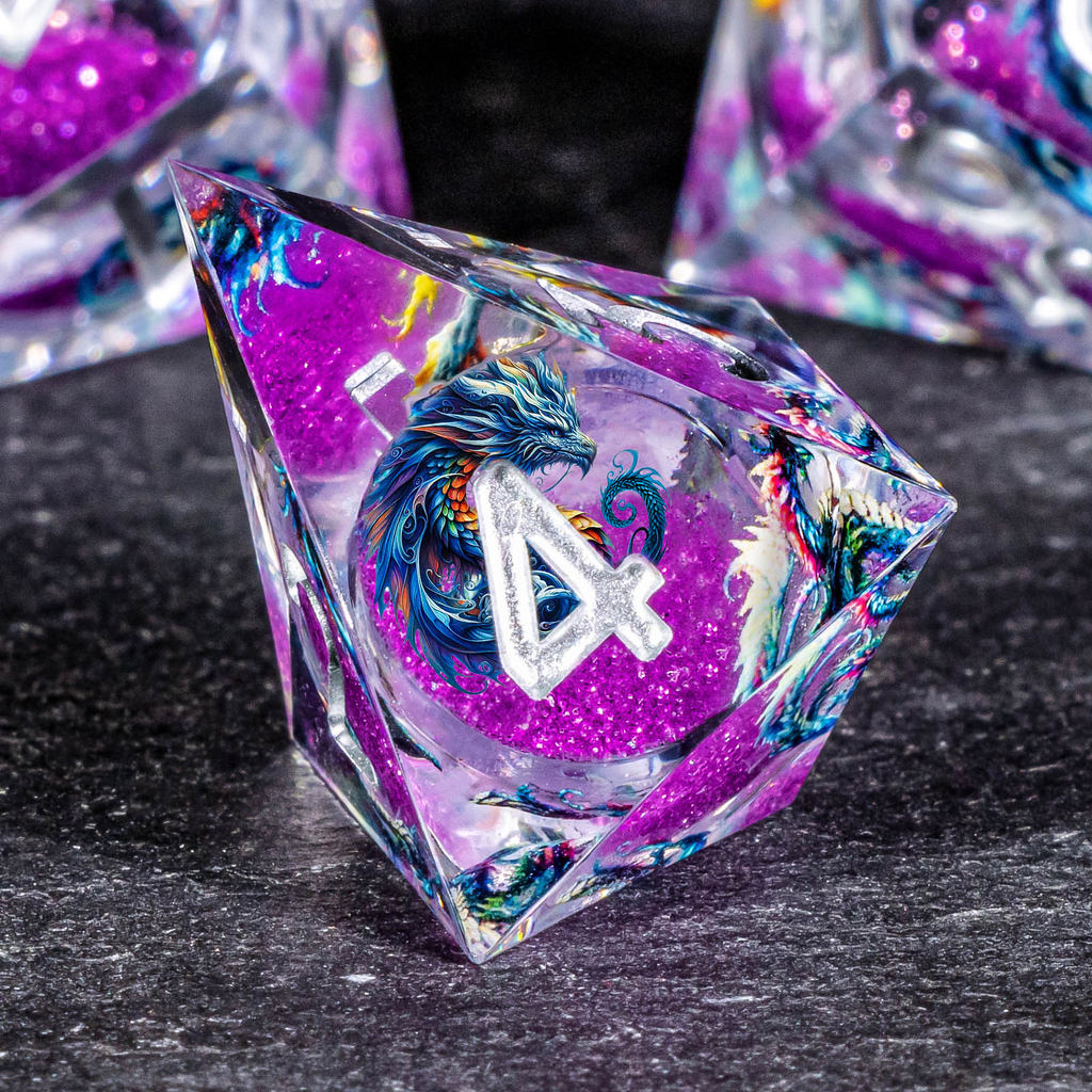 DND Dragon Liquid Core Dice Set, 7Pcs Sharp Edge Dice Set Dungeon and Dragon, Purple Handmade Resin