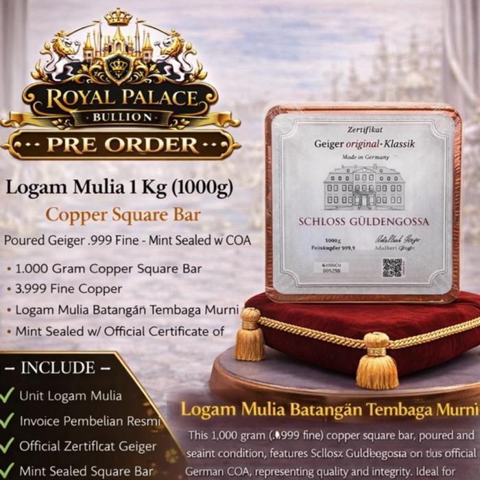 Royal Palace Bullion Logam Mulia 1 Kg 1000g Copper Square Bar Poured Geiger .999 Fine Mint Sealed w