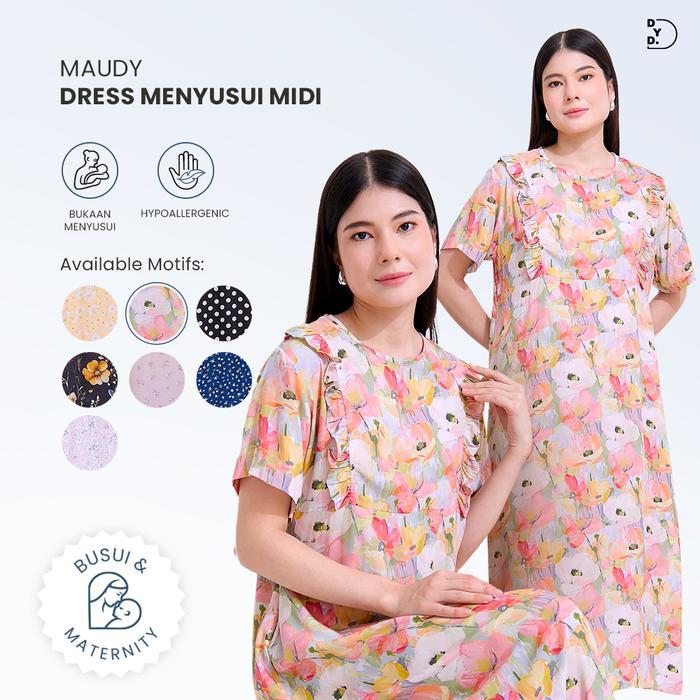 DYD LABEL Maudy Midi Dress Menyusui Ruffle Dress Wanita Baju Menyusui Premium Bukaan Samping Busui