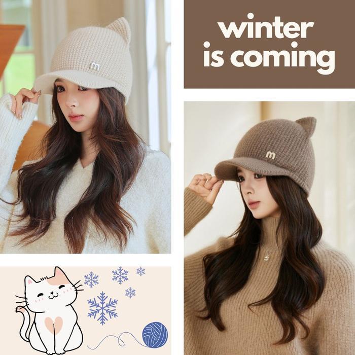 Topi Baseball Cap Winter Kucing / Hat Cap Cat Ear Winter / Topi Telinga Kucing Lucu / Topi Tebal