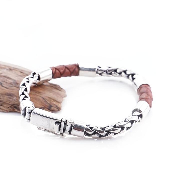 Gelang Pria Perak Asli 925 Silver Leather Coklat Jalin Padi Brown
