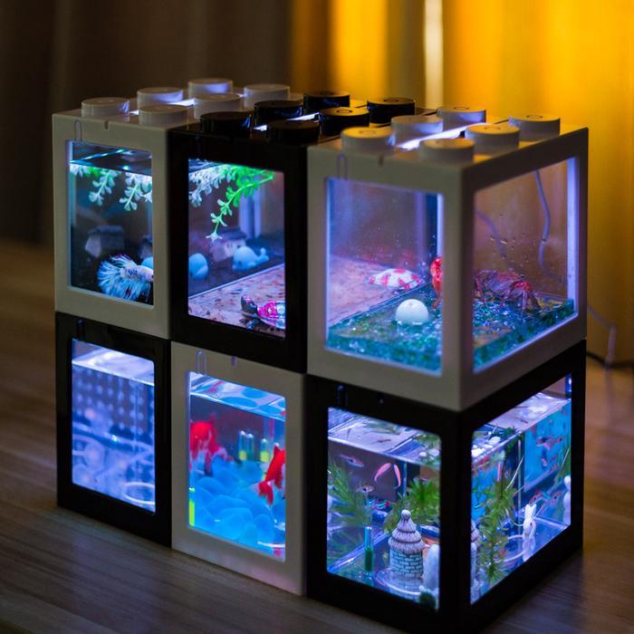 Akuarium Ikan Cupang Akrilik Aquarium Mini Acrylic Lego Usb Led Colour