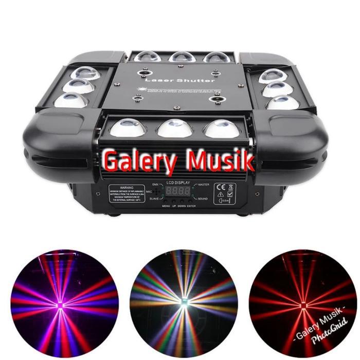 Moving spider head light 12led laser Shutter show / moving 4x3led laser RG Strobo Bagus buat Night