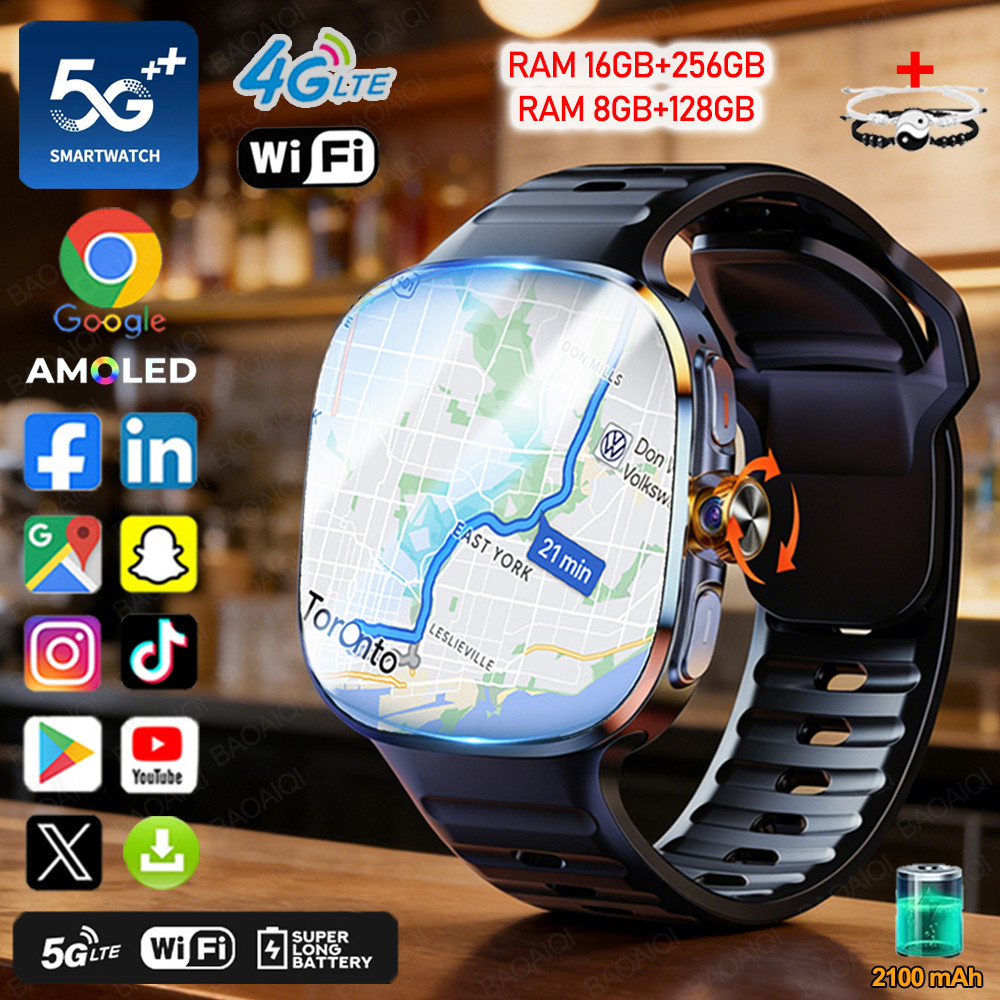 4G Full Network Google Smart Watch 720*720 HD AMOLED 16GB+256GB RAM Watch Video Call 2100Mah GPS