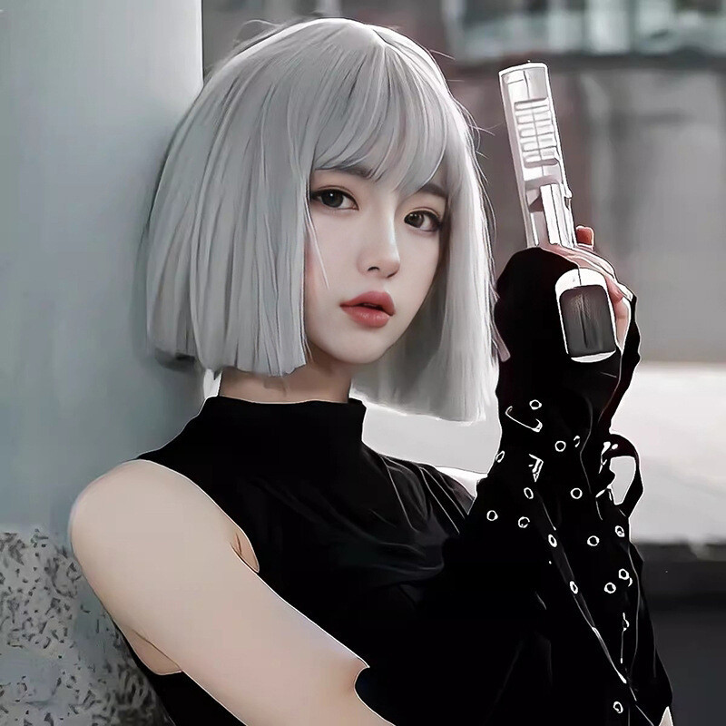Women Wig Short Straight Hair Wig Grey Female Wig Wig Cap