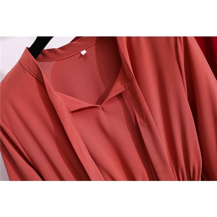 DresQuu- Warna Solid Hitam Merah Wanita Midi Dress Korea Lengan Panjang Muslimah Motif Bunga