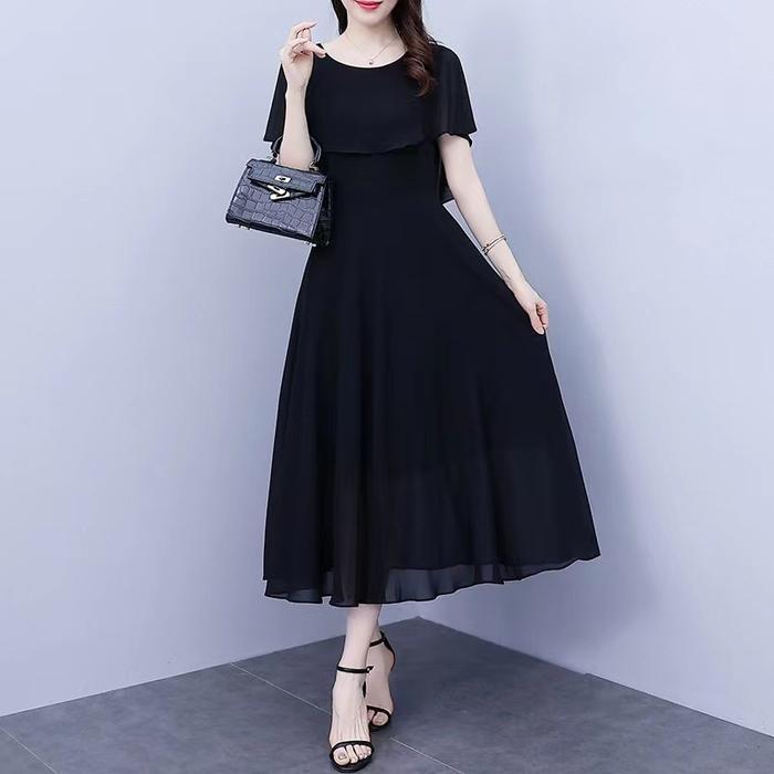 DresQuu- 2023 Gaun Panjang Hitam Sifon Korea Baru/Dress Hitam Panjang/Midi Dress Korea Casual