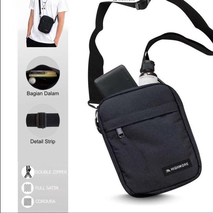 Tas Selempang Slingbag Original Highmore hitam pria wanita tali bisa diatur