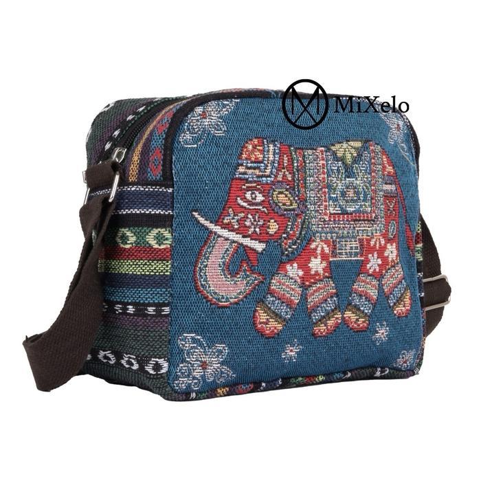 Tas selempang kanvas tenun motif 2 sisi tas thailand gambar gajah qualitas premium bahan tebal dan